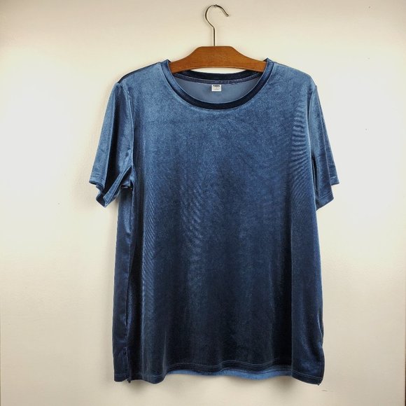 Old Navy Women's Blue Velour Top Short Sleeve Round Neck L Large Spring Basic - Picture 1 of 7